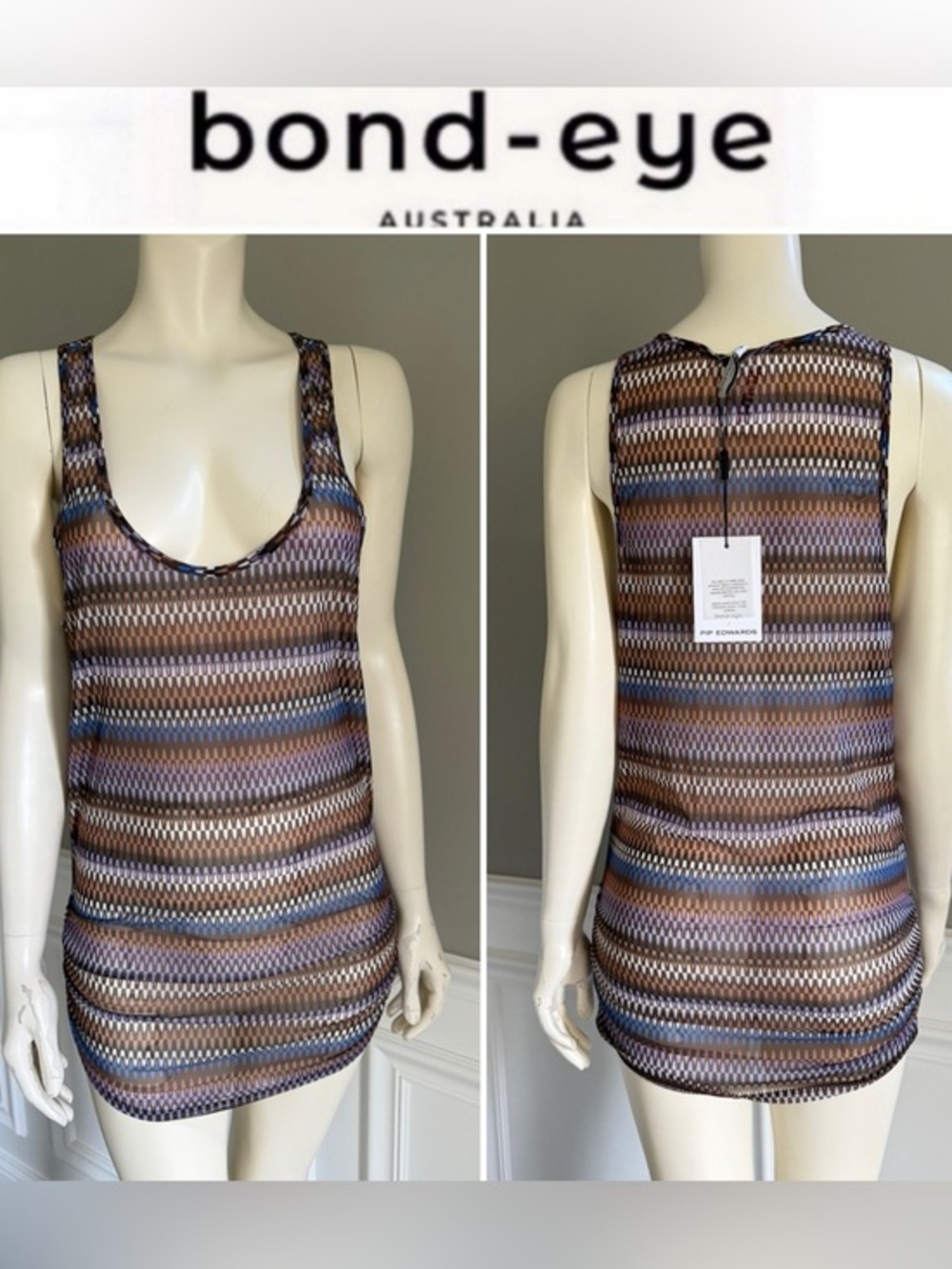 bond-eye Australia Brown Stripe Scoop Neck Tank Top Cover Up XS/S NWT